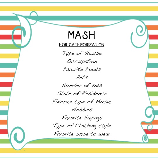 MASH: A fun way to get your categorization in.